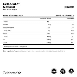 Supplement facts for Celebrate's natural vegan protein powder in Lemon Cream flavor in a 15 serving tub