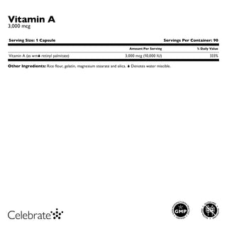 Supplement Facts for Celebrate Vitamins Vitamin A 3000mcg