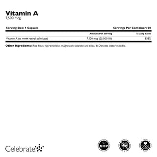 Supplement Facts for Celebrate Vitamins Vitamin A 7500mcg