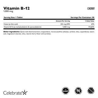 Supplement facts for Celebrate's b12  quick melt tablet in cherry flavor in 90 count bottle