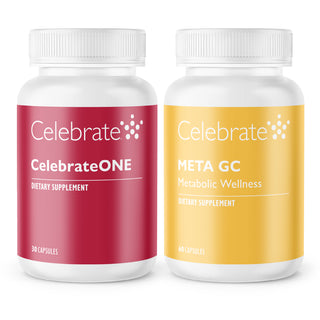 Two dietary supplement bottles labeled 'CelebrateONE' and 'META GC' on a white background.