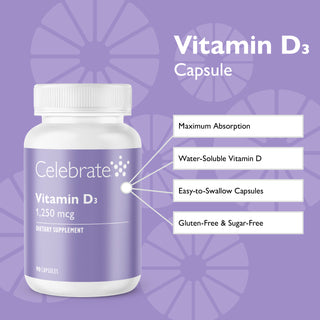 Vitamin D3 capsule bottle with features on a purple background