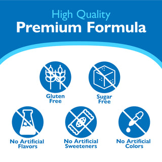 High Quality Premium Formula label with icons for gluten free, sugar free, no artificial flavors, no artificial sweeteners, and no artificial colors on a blue and white background.