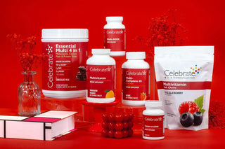 Celebrate brand multivitamin products on a red background