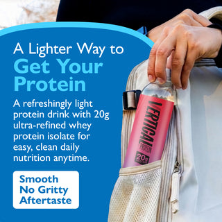 Person holding a protein drink bottle with promotional text about its benefits.
