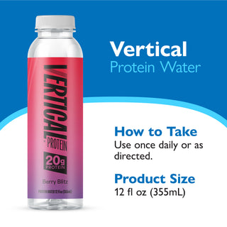 Vertical Protein Water bottle with product details on a blue background