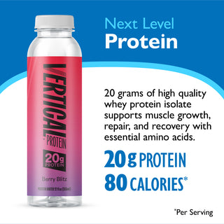 Vertical Protein bottle with nutritional information on a blue background