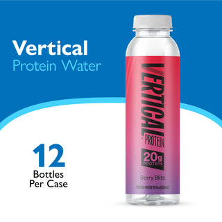 Vertical Protein Water bottle with gradient design on a blue and white background