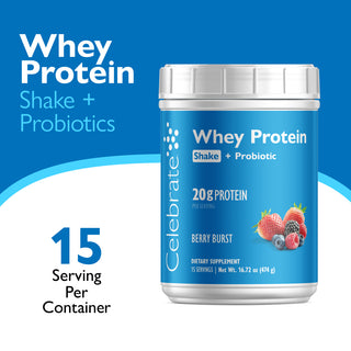 Celebrate Whey Protein Shake + Probiotics container with blue label and white cap on a blue and white background.
