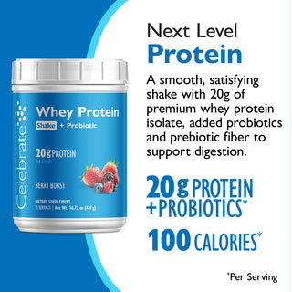 Celebrate Whey Protein Shake + Probiotic container with blue label and white cap on a white background.