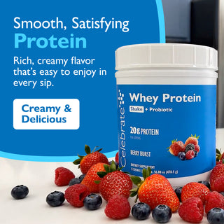Whey protein container with berries on a blue background