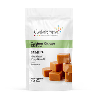 Photograph of Celebrate's calcium citrate soft chews in caramel flavor in a 90 count bag