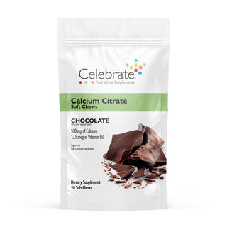 Photograph of Celebrate's calcium citrate soft chews in chocolate  flavor in a 90 count bag