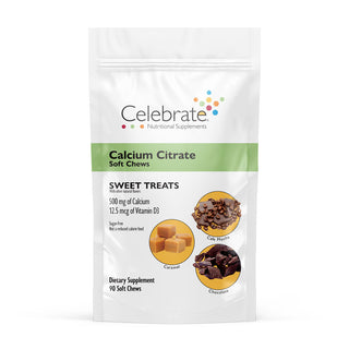 Picture of Celebrate's calcium citrate soft chews in sweet treats flavor in a 90 count bag