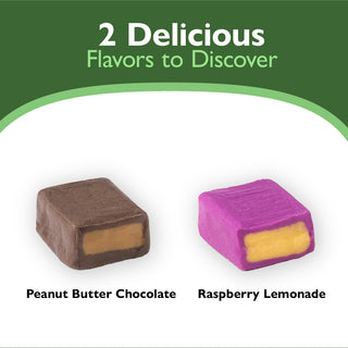 Two square candies, one chocolate and one purple with yellow center, on a white background with green banner and text.