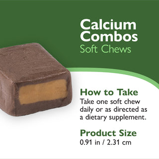 Calcium soft chews with a green background and product details.