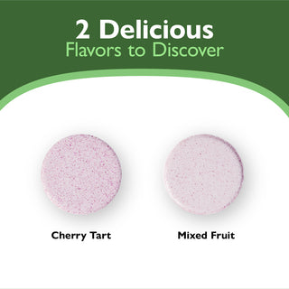 Promotional graphic for flavors, with the text '2 Delicious Flavors to Discover' on a dark green header and two round pinkish-purple powder swatches below labeled 'Cherry Tart' and 'Mixed Fruit' on a white background.