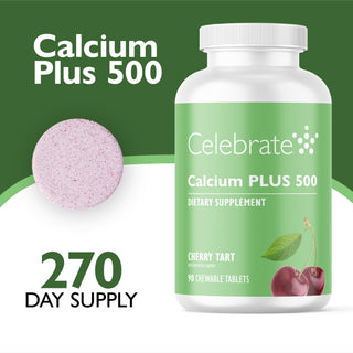 Celebrate Calcium Plus 500 dietary supplement bottle with a green label, shown alongside a pink chewable tablet and text stating 270 day supply on a green and white background.