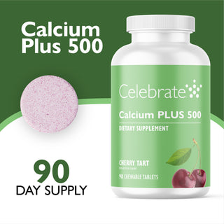 Celebrate Calcium Plus 500 dietary supplement bottle with a green label, shown alongside a single pink chewable tablet and text indicating 90 day supply.