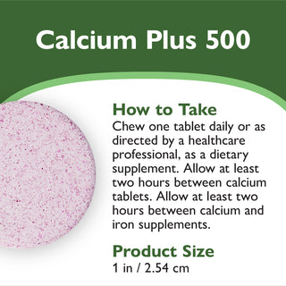 An informational product graphic for Calcium Plus 500 tablets. It features a close-up photo of a round, light pink speckled tablet on the left, alongside text instructions on how to take the supplement and its size of 1 in / 2.
