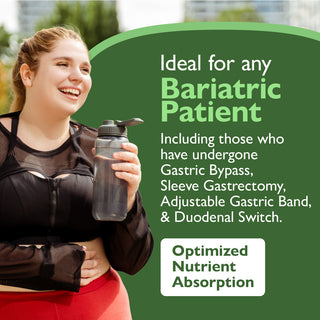 A smiling woman in athletic wear holds a clear plastic water bottle with a black lid and flip-top spout against a green promotional background with text about bariatric patients and optimized nutrient absorption.