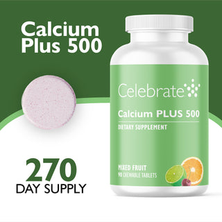 Celebrate Calcium Plus 500 dietary supplement bottle with a green label, shown alongside a single round chewable tablet and text reading 'Calcium Plus 500' and '270 Day Supply' on a green and white background.