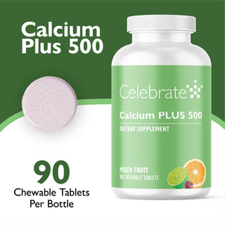 Celebrate Calcium Plus 500 dietary supplement bottle with a green label, shown alongside a single chewable tablet and text stating 90 chewable tablets per bottle on a white and dark green background.