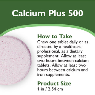An informational product graphic for Calcium Plus 500 tablets. The left side shows a close-up of a round, light pinkish-purple tablet.