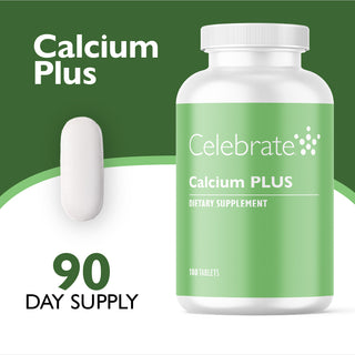 Supplement bottle labeled 'Calcium Plus' with 'Celebrate' branding on a green background.