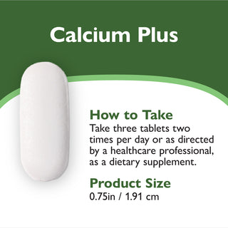 Calcium supplement tablet with usage instructions on a green and white background