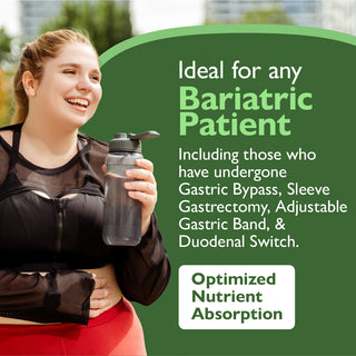 Woman holding a water bottle with promotional text for bariatric patients on a green background