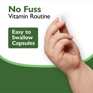 Hand holding a vitamin capsule with 'No Fuss Vitamin Routine' text on a green and white background
