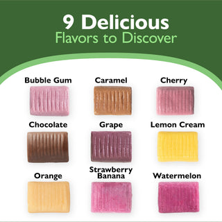 Nine different calcium soft chews with color swatches and text on a green background