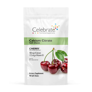 Photograph of Celebrate's calcium citrate soft chews in cherry flavor in a 90 count bag