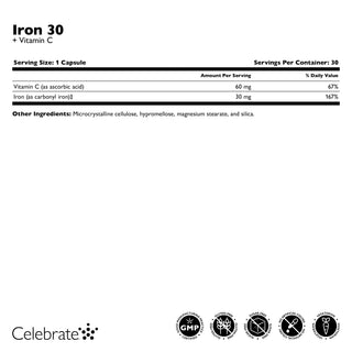Nutritional label for a supplement containing Iron 30 and Vitamin C with 'Celebrate' branding.