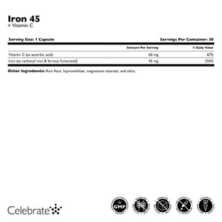 Nutritional label for Iron 45 + Vitamin C supplement with branding and certification logos at the bottom.