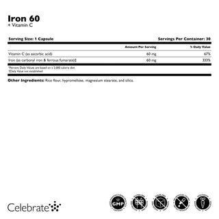 Nutritional label for Iron 60 + Vitamin C supplement with branding and certification logos.
