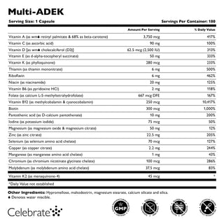 Nutritional label for Multi-ADEK supplement with detailed ingredient list and branding.