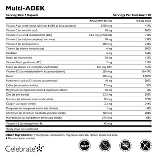 Nutritional label for Multi-ADEK supplement with detailed ingredient list and branding.