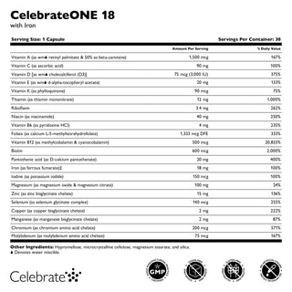 Nutritional label for CelebrateONE 18 supplement with detailed ingredient list and branding.