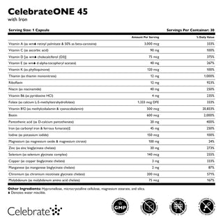 Nutritional label for CelebrateONE 45 supplement with detailed ingredient list and branding.