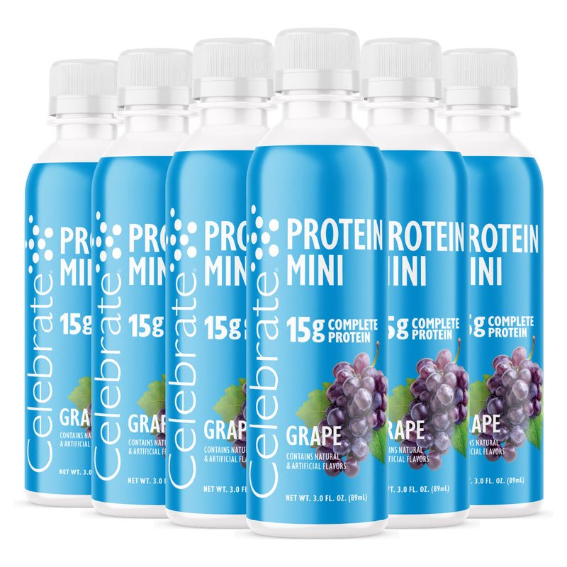 Celebrate Protein Mini 15g protein shots, 3 oz bottles, grape flavor, six pack