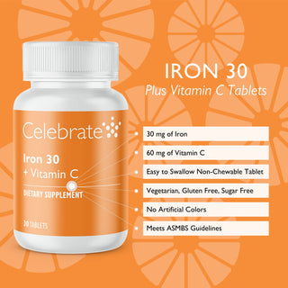 Iron + C 30 non chewable tablet, 30 count bottle - Features and Benefits List - Celebrate Vitamins