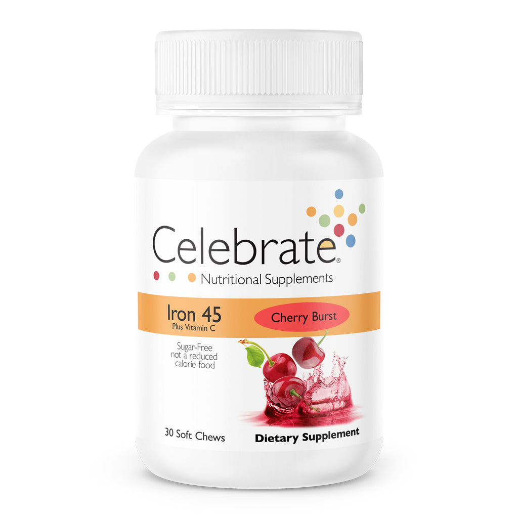 45 mg Iron with Vitamin C Soft Chews, Cherry Burst, 30 count bottle on white background - Celebrate Vitamins