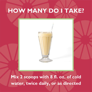 Dosing directions for Celebrate's Essential Multi 4 in 1 shake mix, a post bariatric surgery vitamin supplement, in a 14 serving tub - vanilla cake batter flavor