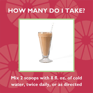 Dosing directions for Celebrate's Essential Multi 4 in 1 shake mix, a post bariatric surgery vitamin supplement, in a 14 serving tub - chocolate milk flavor