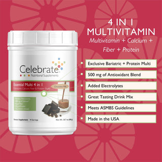 The benefits of Celebrate's Essential Multi 4 in 1 shake mix, a post bariatric surgery vitamin supplement, in a 14 serving tub - chocolate milk flavor