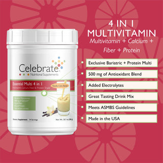 The benefits of Celebrate's Essential Multi 4 in 1 shake mix, a post bariatric surgery vitamin supplement, in a 14 serving tub - Vanilla cake batter flavor