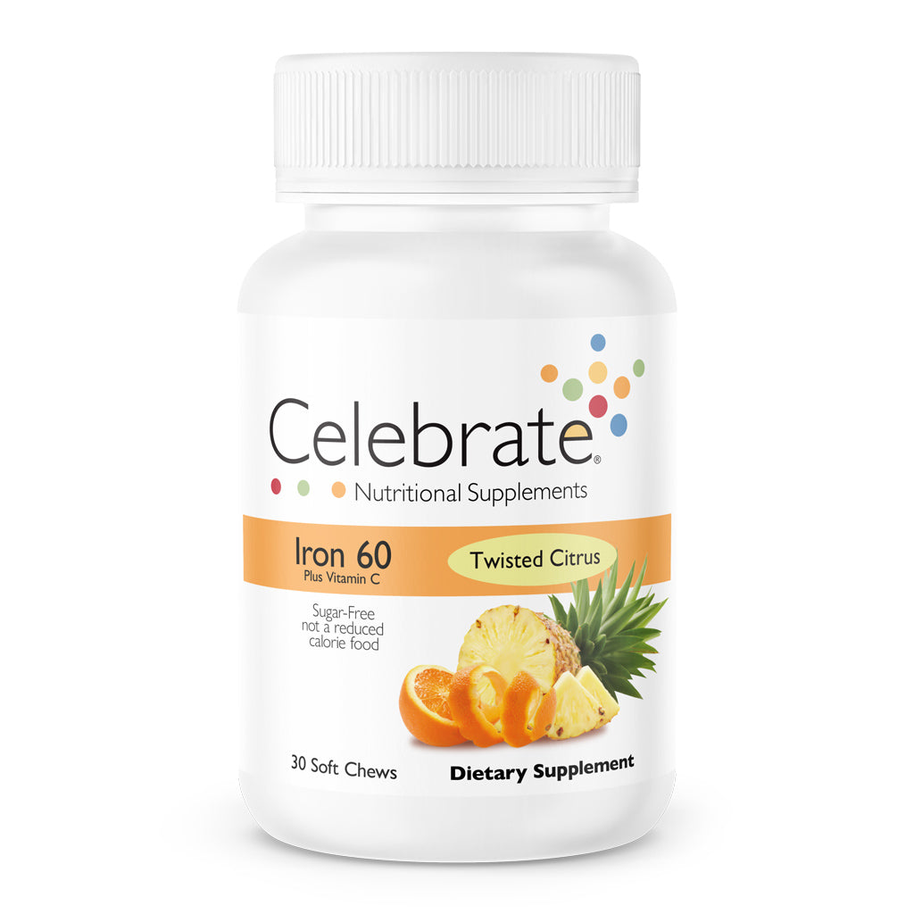 60 mg Iron with Vitamin C Soft Chews, Twisted Citrus, 30 count bottle on white background - Celebrate