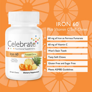 Features & Benefits list for 60 mg Iron with Vitamin C Soft Chews, Citrus, 30 count - Celebrate